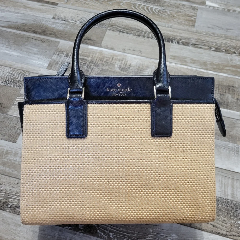 Kate Spade Cameron Black Leather and Woven Straw Medium Satchel